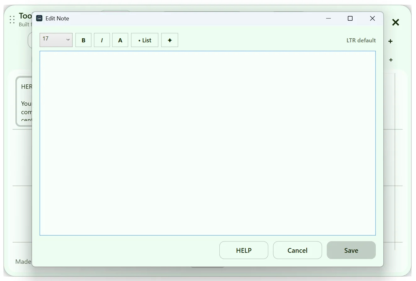 ToolBoxManager V16 screen related to Create a Note from selected browser text